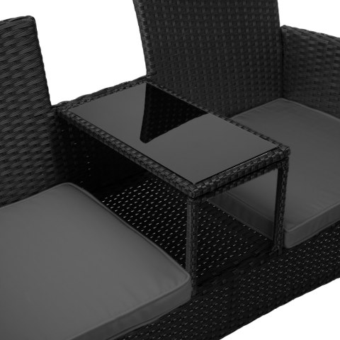 Ławka ogrodowa z technorattanu sofa CORDOBA czarna z szarymi poduszkami