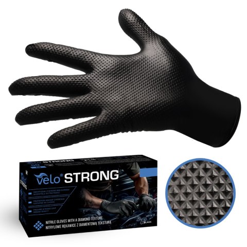 VELO STRONG GRIP XXL CZARNE Rękawice nitrylowe robocze z gripem, 50 szt.