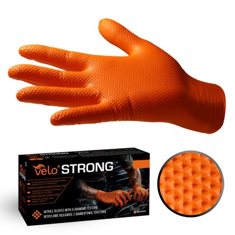 VELO STRONG GRIP M POMARAŃCZOWE Rękawice nitrylowe robocze z gripem, 50 szt.