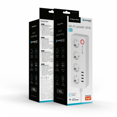 Listwa sieciowa Kruger&Matz 4 gniazda typu niemieckiego i 4xUSB 2100 mA Connect P6 Tuya