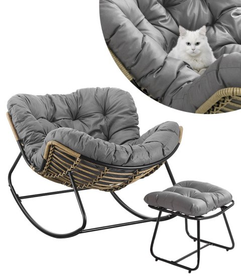 Nowoczesny fotel bujany skandynawski kokon szary z podnóżkiem