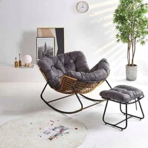 Nowoczesny fotel bujany skandynawski kokon szary z podnóżkiem
