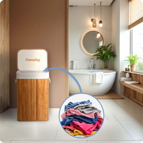 Bambusowy kosz na pranie bieliznę z pokrywą 72 l Massido